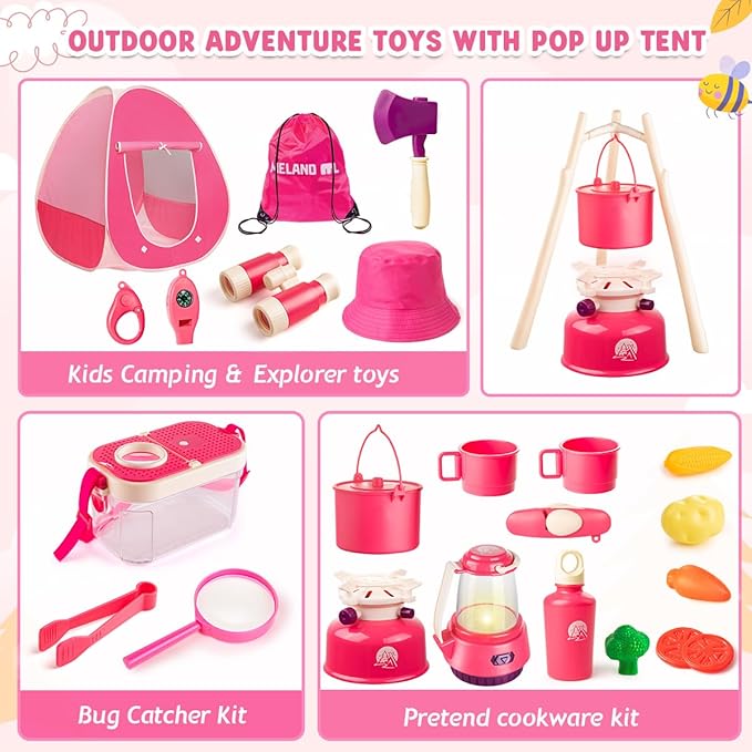 Meland Kids Camping Set for Girls - Camping Tent Toys for Girls Indoor Outdoor Pretend Play, Christmas Birthday Gift Idea for Toddler Girls Age 3,4,5,6 Year Old