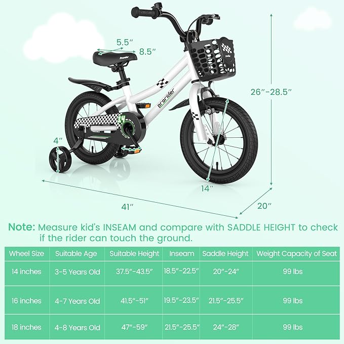 BABY JOY Kids Bike, 12 14 16 18 20 Inch Children Bikes for Boys Girls Teens 3-8 8+ Years w/Training Wheels or Kickstand, Handbrake, Coaster Brake & Removable Basket, Kids Bicycle of Multiple Colors