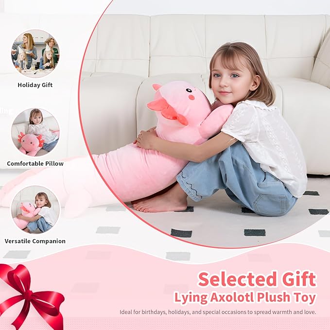 40'' Big Pink Axolotl Plush Stuffed Animal, Large Axolotl Long Body Pillow Stuffy Plush Toy, Giant Soft Salamander Squishy Plushie Gift for Kids Boys Girls, Birthday, Halloween, Christmas