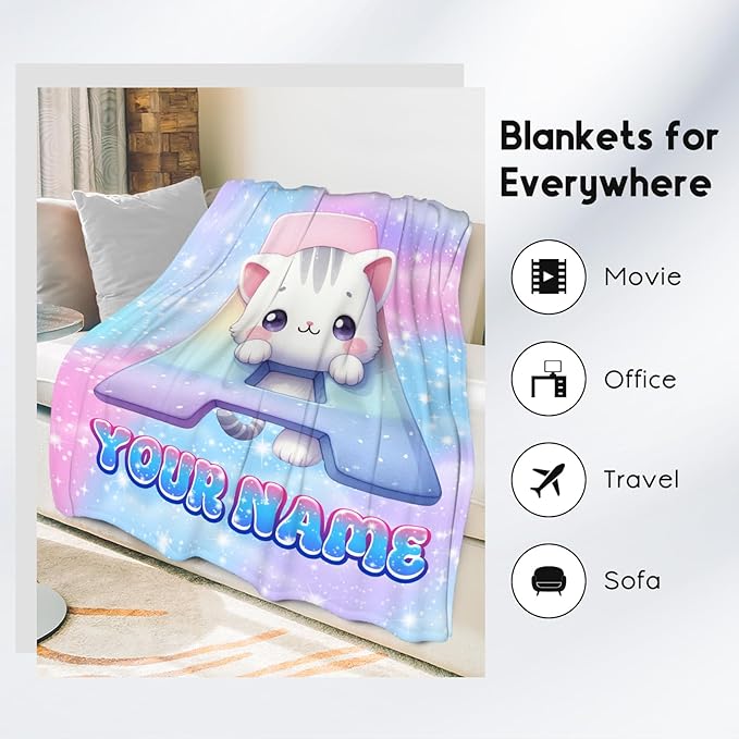Girls Blanket - Personalized Cat Blankets with Name for Kids - Custom Monogram Gifts for Daughter - Plush Cozy Flannel Throws - 4 Sizes for Toddler/Children/Teens/Adults