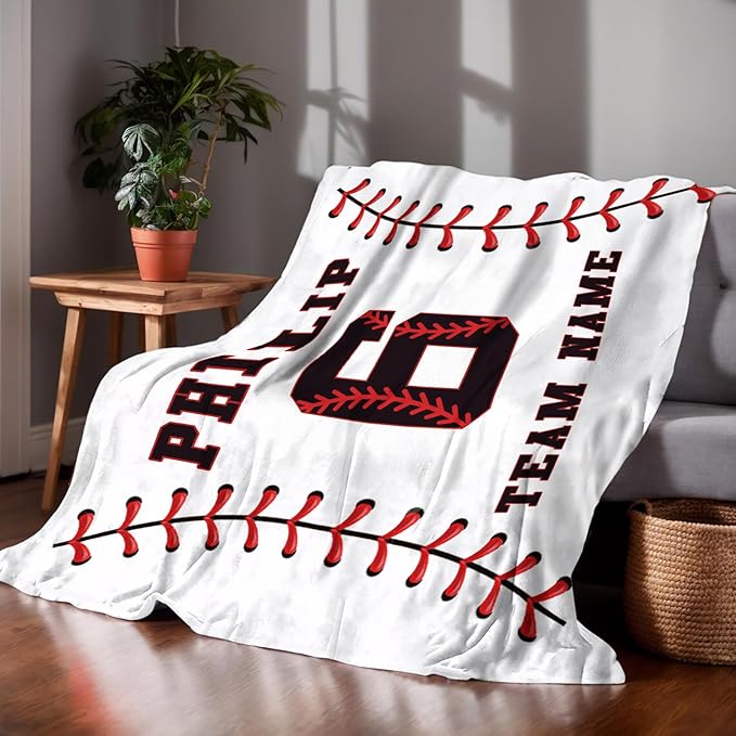 Personalized Baseball Blankets with Name Numbers, Custom Baseball Team Game Throw Flannel Blankets Stuff Gifts for Boys Sports Lover Fans Kids Adult