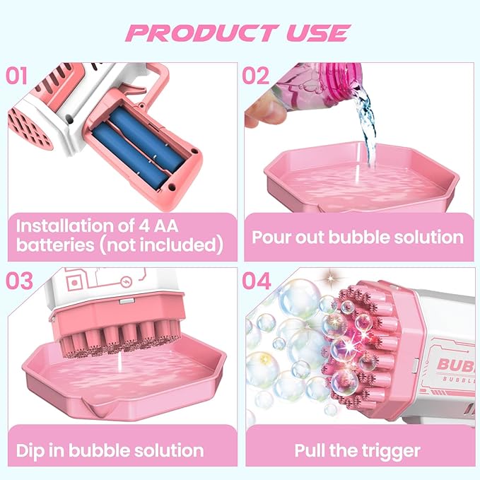 Dolanus Bubble Gun 2 Pack with 2 Bottles Bubble Solution, 40-Hole Light Up Dip Bubble Machine for Kids, Bubble Toy for 3 4 5 6 7 8 Years Old Boys Outdoor Indoor Kid Birthday Wedding Party(2*Pink)