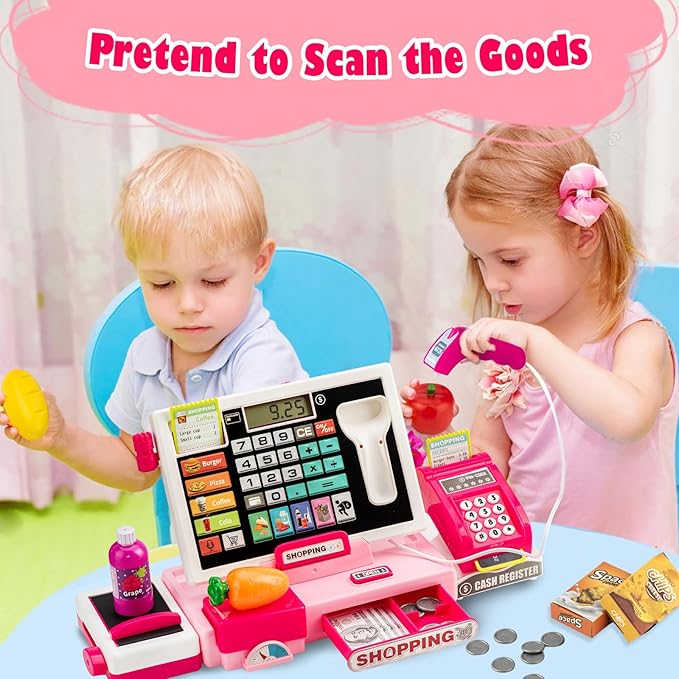 Kids Cash Register Toy with Shopping Cart Toddler Pretend Play Store Cashier Register for Kids with Music / Real Calculator / Scanner Learning Toys for Girls Birthday Gift for 3-8 Year Old Girl