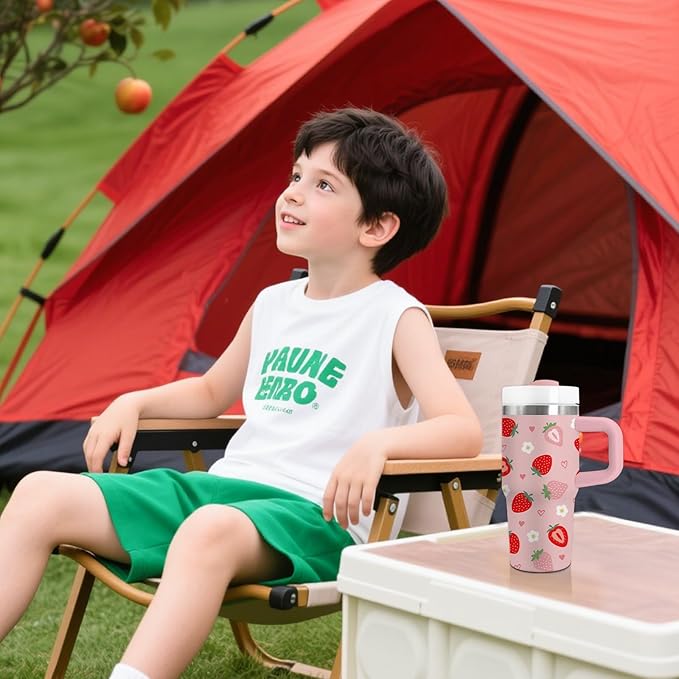 Strawberry Gifts for Girls - 14oz Cute Strawberry Kids Tumbler with Handle and Straw, Stainless Steel Insulated Water Cup, for School, Travel - Strawberries Themed Children Birthday Gifts Cups(1pc)