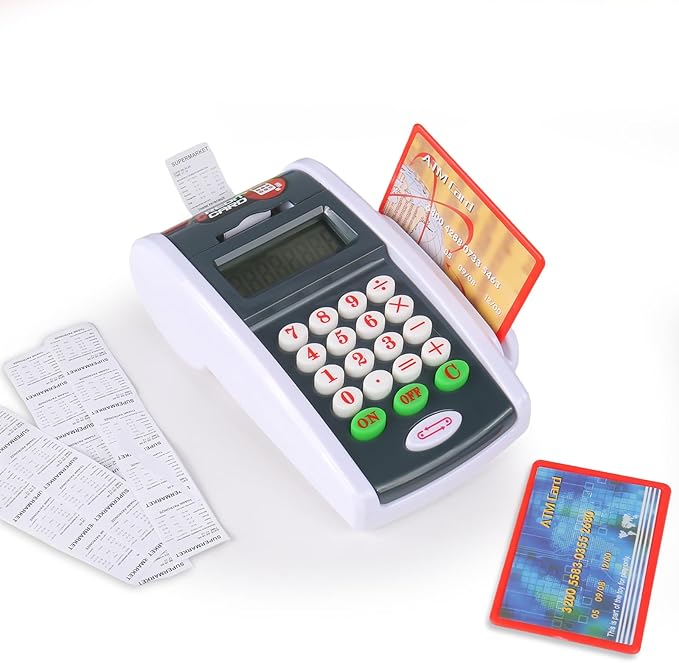 Payment Terminal Toys, Point of Sale Terminal with Light and Sound, Cash Register Toy with Credit Cards and Recipts, Pretend Play Toy for Children Age 3 and Up