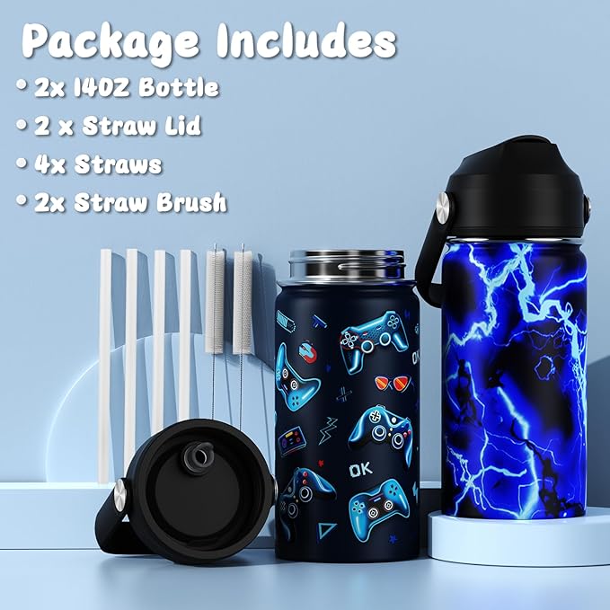 14oz Kids Insulated Water Bottle with Straw Lid - 18/8 Stainless Steel Kid Cup Travel Tumbler Double Wall Vacuum Leak Proof Portable Toddler Water Bottle (Lightning+Game）