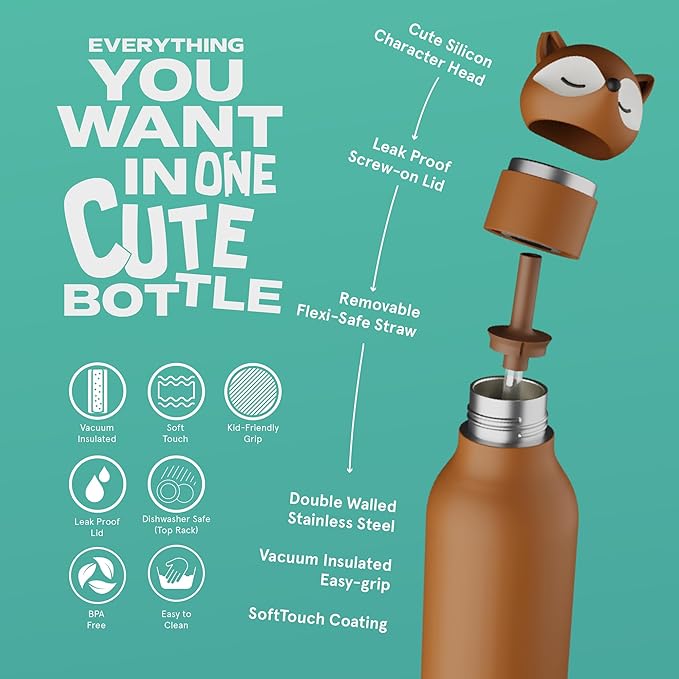 asobu Bestie Bottle Insulated Stainless Steel Water Bottle with Detachable Soft Animal Head Fun Drinking For Kids and Teens with Flexible Reusable Straw 16 Ounce (Fox)