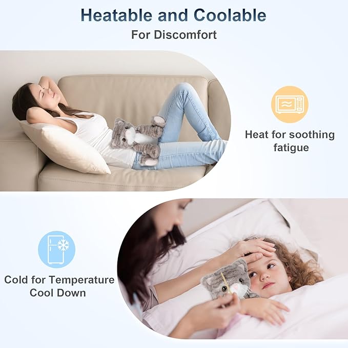 Heatable & Coolable Grey Cat Stuffed Animal, Cat Heating Pad Microwavable for Soothing & Relaxation, Lavender Scented Cat Plush Toy for Stress Relief, Stuffed Cat Toys for Kids