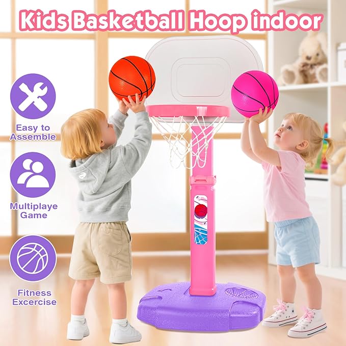 AOKESI Toddler Pink Basketball Hoop Indoor Outdoor Age 1-3, Adjustable Kids Mini Basketball Hoop Outside, Girls Basketball Goal Sport Toys for 1 2 3 4 5 Year Old Baby Girl Birthday Gifts
