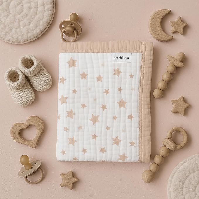 Organic Cotton Muslin Baby Blanket for Boys and Girls - Luxurious Soft Toddler Quilt for Swaddling - Gender Neutral Blanket - Baby and Toddler Gift - Neutral Star