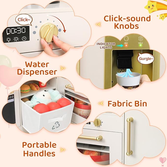 Arlopu Corner Wooden Play Kitchen with Lights & Sounds, Ultimate Pretend Cooking Toy Playset w/Utensils, Oven, Microwave, Stove, Water Dispenser (Beige)