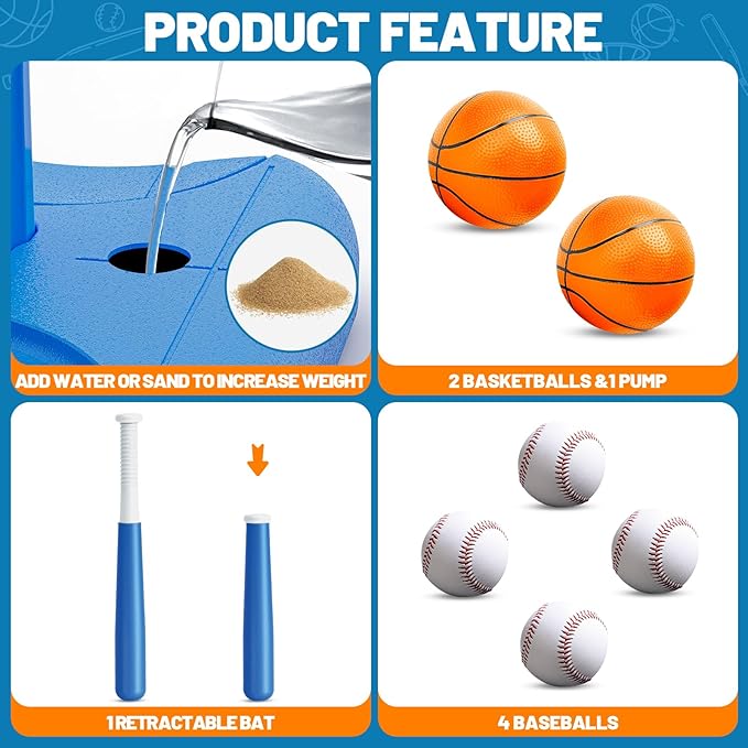 3 in 1 Kids Basketball Hoop and T Ball Set, Adjustable Height Toddler Basketball Hoop, Hanging Tee Baseball, Indoor Outdoor Sports Toys Gifts for Toddlers Boys Girls Ages 3 4 5 Year（Blue