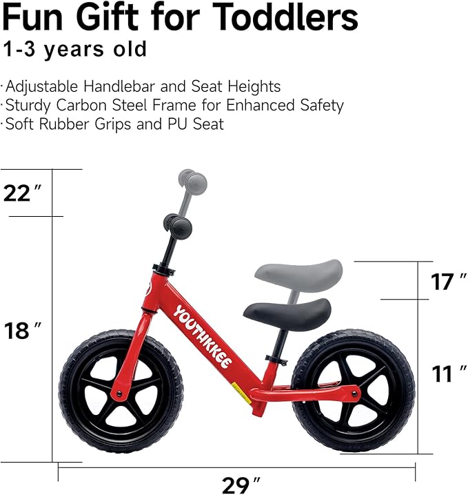 12 Inch Toddler Balance Bike for 1-3 Year Olds, No-Pedal Bike with Tool-Free Adjustable Seat, Quick Assembly, Gift for 1-3 Year Old Boys & Girls with Customizable Plate