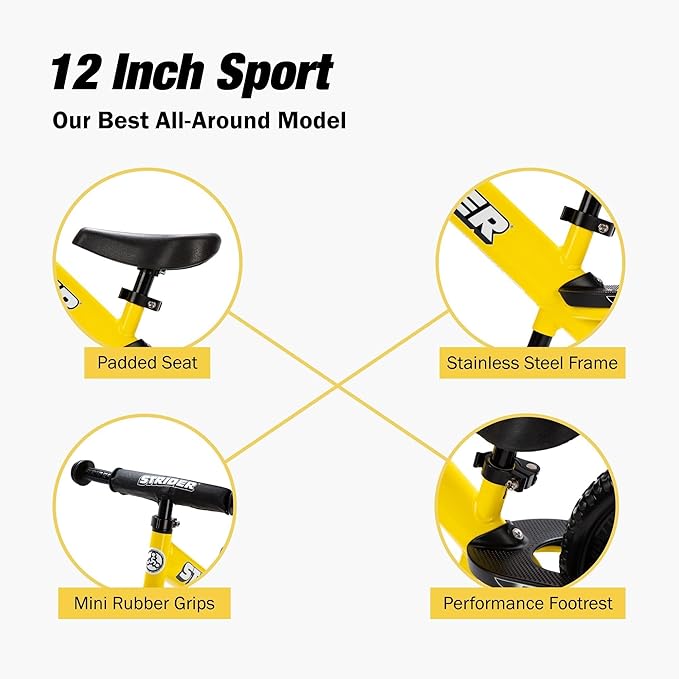 Strider 12” Sport Bike - No Pedal Balance Bicycle for Kids 1 to 4 Years - Includes Safety Pad, Padded Seat, Mini Grips & Flat-Free Tires - Tool-Free Assembly & Adjustments