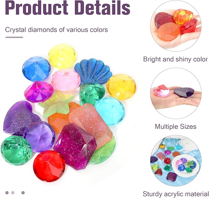 Diving Gems Pool Toys, 15 PCS Colorful Big Diamond Easter Eggs Filler Diamond Toys, Sinking Swimming Pool Toys, Underwater Gemstones Diving Dive Throw Swimming Water Games Summer Pirate Gifts Toys