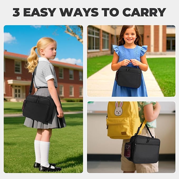 Kids Lunch Box Kids Lunch Bag for Girls Boys, Insulated Lunch Bag for Men with Shoulder Strap, Small Lunchbox for Girls School Travel Picnic (Black)