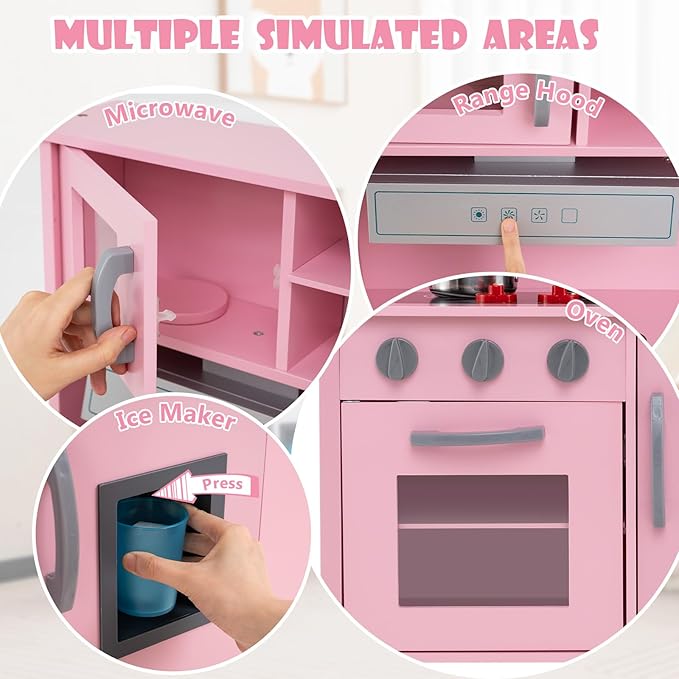Costzon Kids Kitchen Playset, Wooden Pretend Toddler Kitchen Toy Set w/Sound, Microwave, Oven, Ice Maker, Range Hood, Stoves, Sink & 18 Accessories, Pink Play Kitchen for Girls Ages 3+