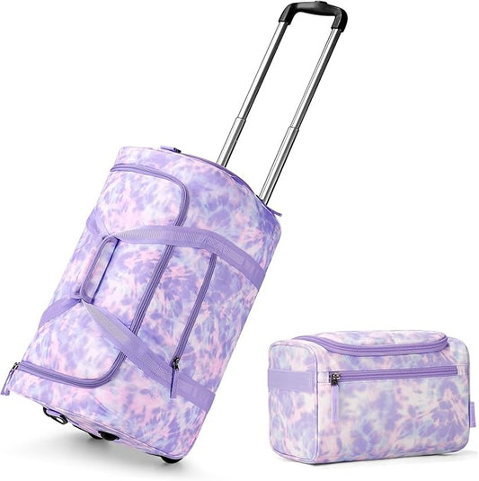 Choco Mocha Girls Tie Dye Suitcase with Wheels Kids with a Kids Toiletry Bag Purple Rolling Duffle Bag for Camping Teen Girls Toddler Luggage Bag for Travel, 22inch