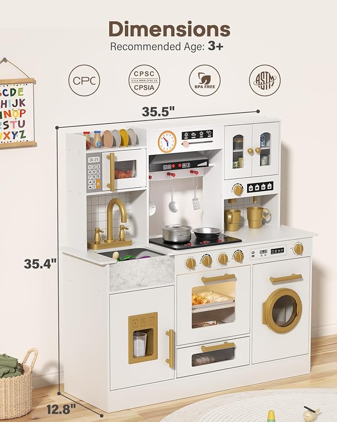 BIERUM Wooden Play Kitchen for Kids Ages 3-8 with Lights & Sounds, Pretend Play Kitchen Set with Stove, Ice Maker, Coffee Maker, Oven & Accessories, Toddler Kitchen Playset for Boys and Girls (White)