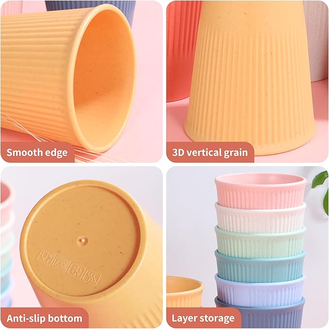 Wheat Straw Cups, Unbreakable Drinking Cup Dishwasher Safe Water Glasses with 8 Colors for Drinking Water, Juice,Milk, Soda, Coffee,Easy to Clean & Reusable (8 Pcs)
