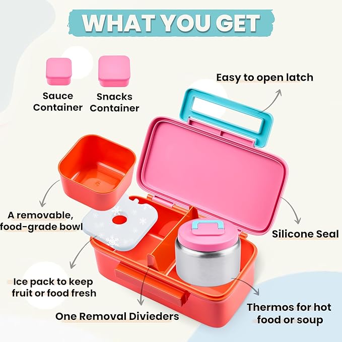 PIQUEBAR Kids Lunch Box with 8oz Thermo, Leakproof Bento Box with Insulated Bag, Kids Insulated Water Bottle with Straw, Food Lunch Container for Back to School Girls Boys, Pink