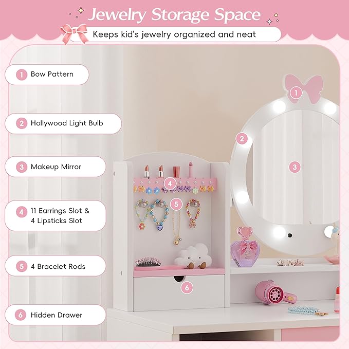 TOLEAD Kids Vanity, Girls Vanity Set with Mirror and Stool and Lights, Toddler Vanity Table and Chair Set with Jewelry Storage, Wooden Princess Makeup Desk Dressing Table for Little Girls (White)