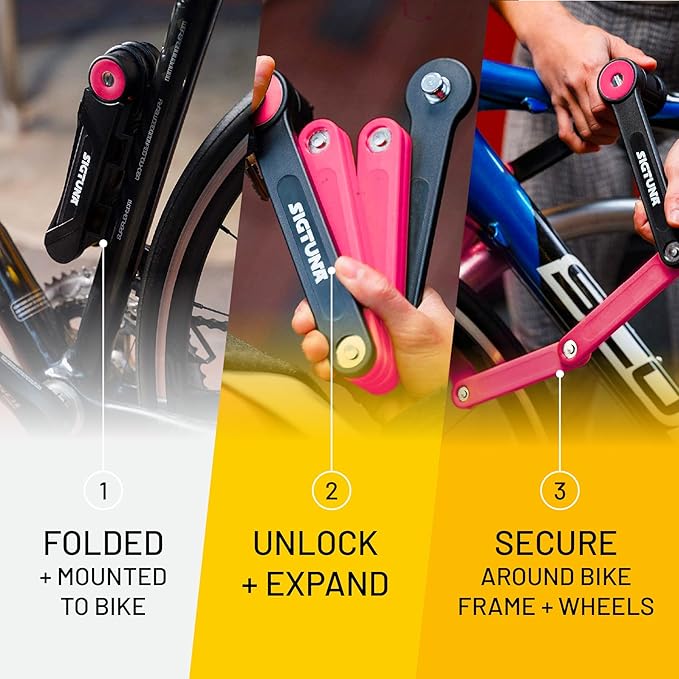 SIGTUNA Folding Bike Lock - Hardened Steel 8mm Fold-Up Heavy Duty Bike Lock with Easy Mounting, Secure Lock and Anti-Scratch Coating - Easily Keep Bike Secure and Paintwork Undamaged - Bicycle Lock