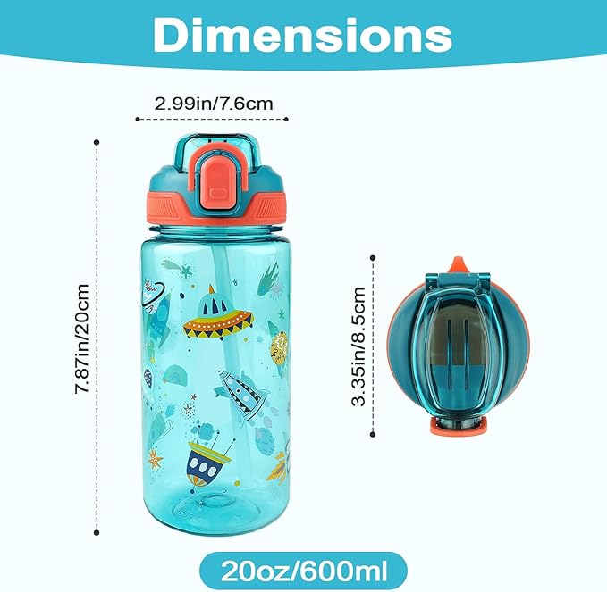 Kids Water Bottle for School or Travel, 20 Oz Durable Plastic Water Bottle with Silicone Straw and Pop-Up Spout Cover, BPA Free & Dishwasher Safe(Rocket)
