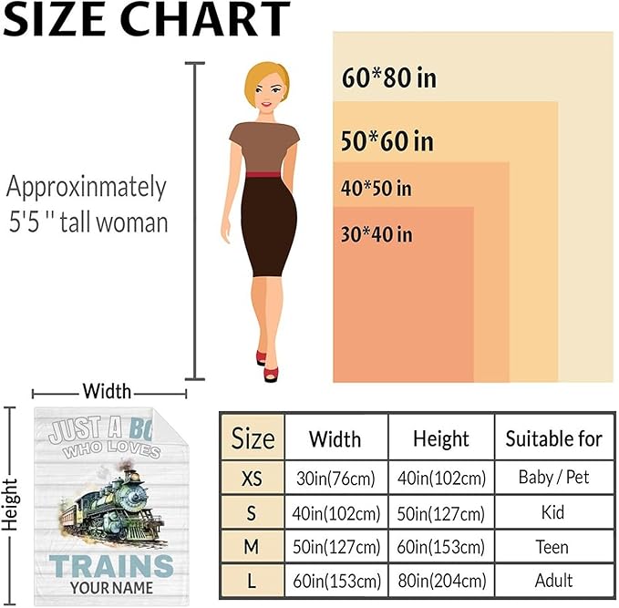 Personalized Train Blanket with Name - Soft, Fuzzy & Warm - 60"x80" Twin Size Blanket for Bed, Couch & Living Room - White Cute Throw Gifts for Boys