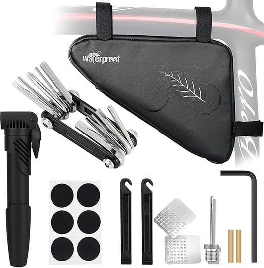 WOTOW Bike Tire Repair Tool Kit, Waterproof Frame Storage Bag & Mini Bike Pump & 16 in 1 Multitool & Bicycle Tyre Lever Patch Portable Repair Tool Accessories Set for Road Mountain BMX Cycling