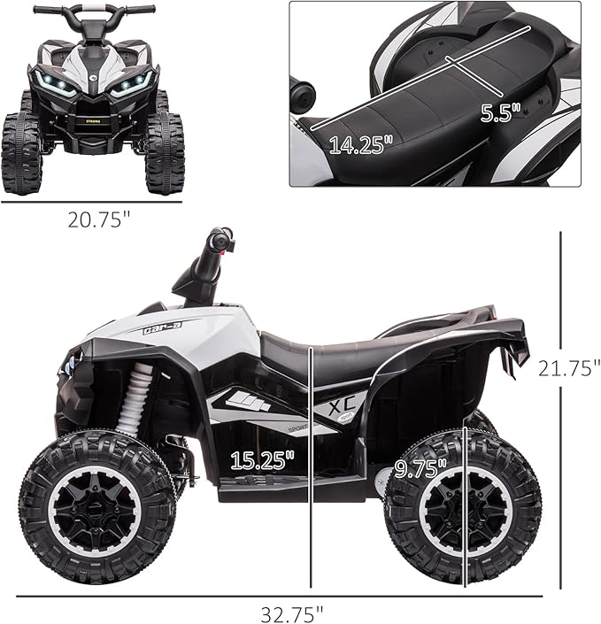 Aosom 12V Kids ATV Quad Car with Forward & Backward Function, Four Wheeler for Kids with Wear-Resistant Wheels, Music, Electric Ride-on ATV for Toddlers Ages 3+ Years Old, White