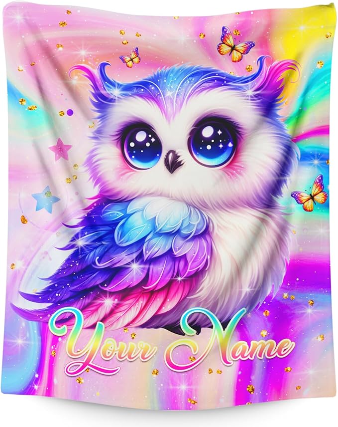 Personalized Blanket for Girls, Custom Throw Blanket Gift for Kids Teens, Owl Stuff for Animals Lovers, 50"x40" Flannel Blankets for Couch Sofa Bed Bedroom Decor
