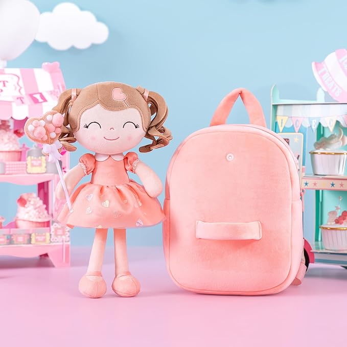 Gloveleya Back to School Gifts for GirlsToddler Backpack Baby Girl Gift Plush Bag Diaper Bag with Spring Girl Doll Curly Hair Girl Toys with Love Orange 9 Inches