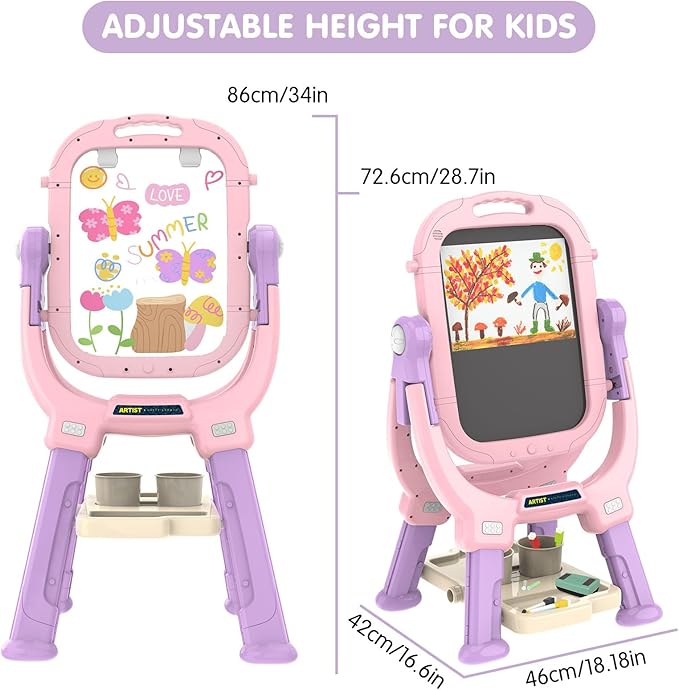 Easel for Kids, Toddler Art Easel Adjustable Standing, Magnetic Double Sided Easel with Painting Accessories, Birthday Gift for Girls Age 3+