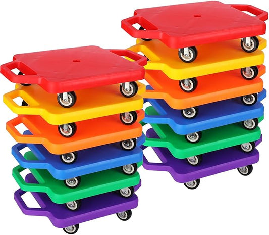 Deekin 12 Pcs Scooter Boards with Handles Bulk for Kids, Plastic Floor Sitting Scooter for Kids Children Gym Indoor Outdoor Activities Play and Daycare Supplies (Colorful)