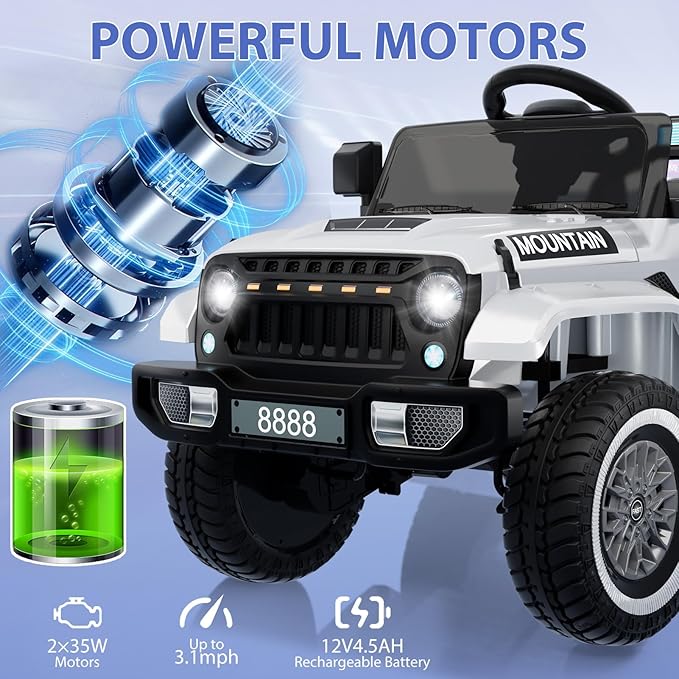 12V Kids Ride On Truck Car, Battery Powered Electric Vehicle Toy w/Parent Remote Control, Spring Suspension, 3 Speeds, LED Light, Music & Horn, Electric Cars for Kid, Gift for Boy Girl, White