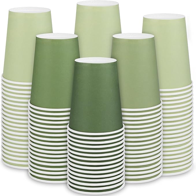 144 Pieces Sage Green Paper Cups 9 Oz Disposable Coffee Paper Cups Gradient Green Party Cup Beverage Drinking Cup for Wedding, Birthday, Holiday Party, DIY, and Picnic
