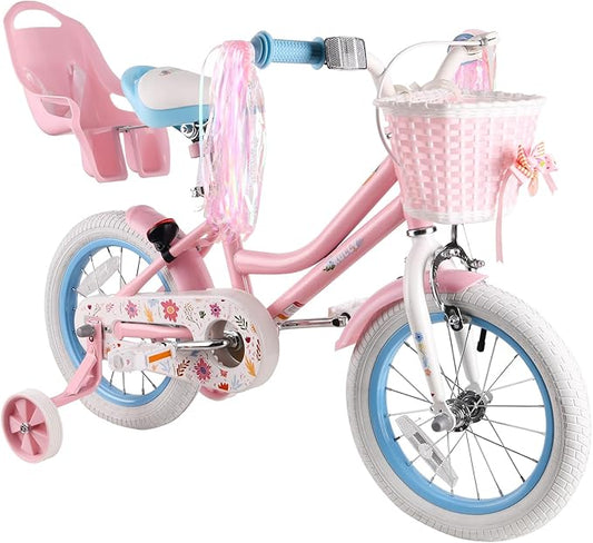RULLY Daisy Kids Bike for Girls Ages 2-9 Years, 12 14 16 18 Inch Princess Girls Bicycle with Doll Bike Seat, Training Wheels, Basket and Streamers, Kids Cycle Bikes, Multiple Colors