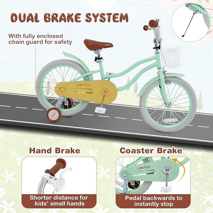 BABY JOY Kids Bike, 12 14 16 18 20 Inch Boys Girls Bike w/Adjustable Seat, Removable Basket, Handbrake & Coaster Brake, Training Wheels or Kickstand, Kids Bicycle with Multi-Color