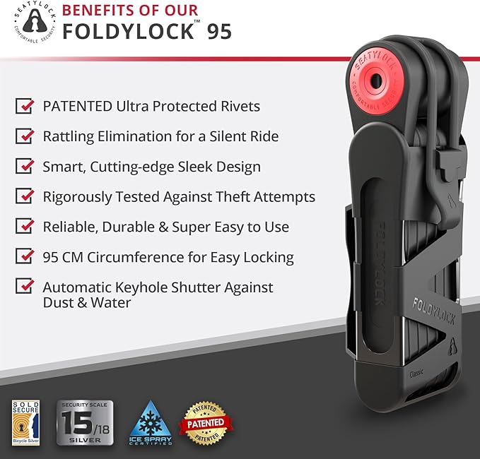 Seatylock FoldyLock Classic Folding Bike Lock - Patented High Security Sold Secure Silver Bicycle Lock - Heavy Duty Anti Theft Secure Guard with Keys & Case Mount - 37.4"