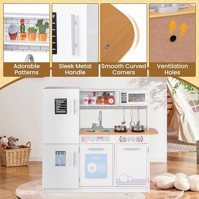 HONEY JOY Kids Kitchen Playset, Wooden Little Chef Pretend Play Kitchen Set w/Blackboard, Large Storage Cabinet, Stove, Faucet, Sink, Play Kitchen for Toddlers, Gift for Boys Girls, White