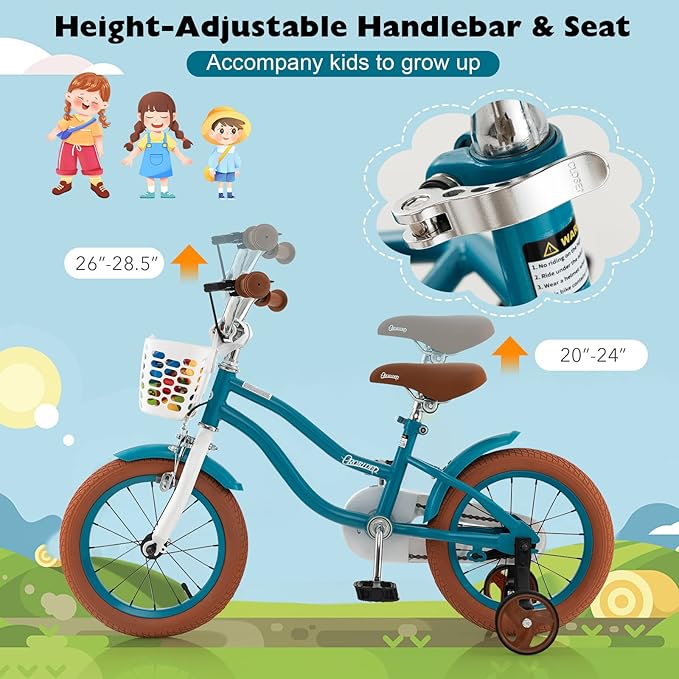 BABY JOY Kids Bike, 12 14 16 18 20 Inch Boys Girls Bike w/Adjustable Seat, Removable Basket, Handbrake & Coaster Brake, Training Wheels or Kickstand, Kids Bicycle with Multi-Color