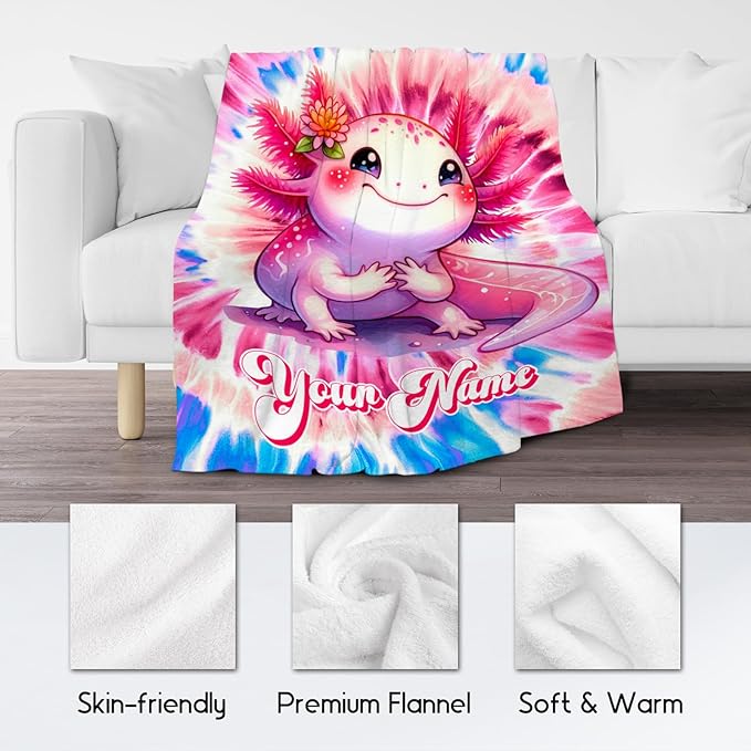 UNIKITTY Axolotl Blanket, Girls Blankets Gifts for Kids, Custom Tie Dye Throw for Toddlers, Personalized Cozy Fleece Throws for Sofa (4 Sizes)