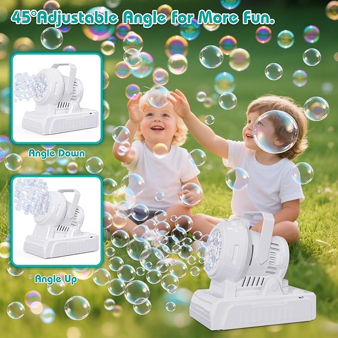 Panamalar Bubble Machine Adjustable Angle, 10 Big Holes Automatic Bubble Blower for Kids 20000+ Big Bubbles with Solution/Lights, Portable Outdoor Bubble Maker Toys for Garden Party Wedding-White
