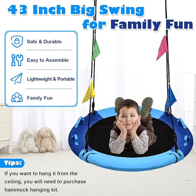 Tree Swing, Saucer Swing Sets 43 Inch for Kids, Come with 360 Degree Swivel and Adjustable Hanging Strap, for Outdoor, Blue and Cerulean