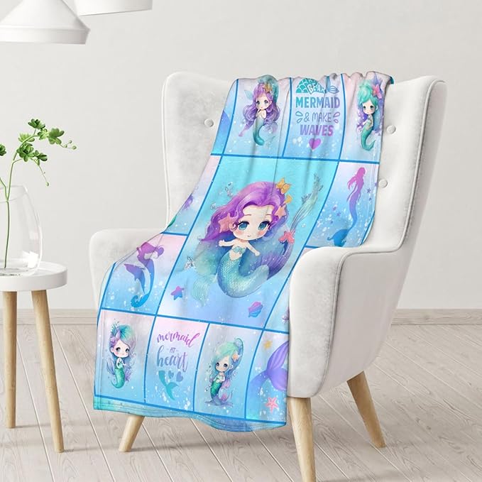 Mermaid Blanket - Soft, Fuzzy & Warm - 30"x40" Small Blanket for Couch, Office - Blue Cute Throw Gifts for Girls