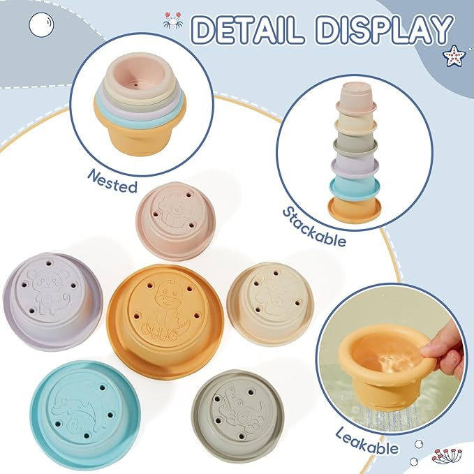 Mold Free Bath Toys for Kids Ages 1-3, 21PCS Baby Bath Toys for Toddlers 2-4 with Shape Sorting and Stacking Cups, Montessori & Educational Bathtub Water Toys with Container for Baby Stocking Stuffers