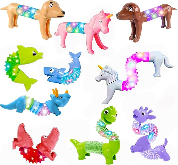 LED Animal Pop Tubes Fidget Toys 10PCS, Sensory Toys for Autism & Stress Relief, Travel Toys for Car and Airplane, Christmas Stocking Stuffers for Kids & Toddlers
