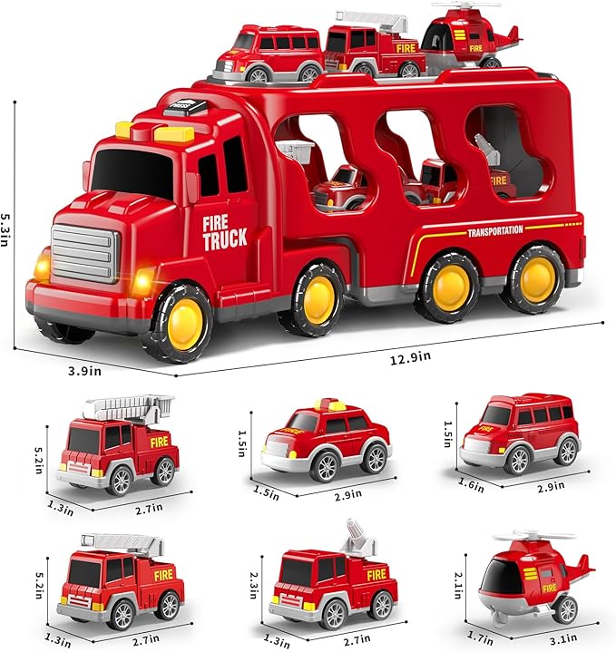 7 in 1 Fire Trucks Cars Toys for Toddlers 3-5, Boy Toddler Car Truck Toys with Light Sound, Birthday Gifts Toys for 3 4 5 6 Year Old Boy