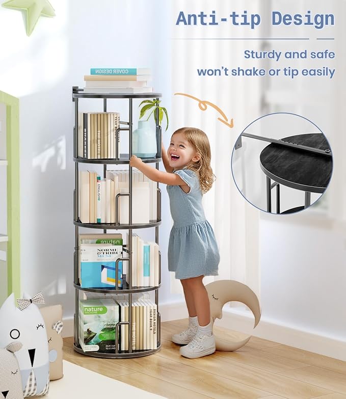 4 Tier Rotating Bookshelf Tower Round Black,50” Floor Standing Spinning Bookshelf Tower Anti-Tipping Design,Metal & Wood Revolving Bookcase Stackable Space Saving for Small Spaces,Study,Living Room